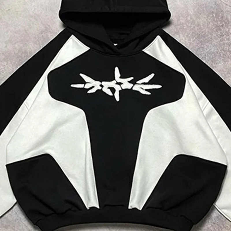 Women Y2k Youth Simple Daily Sweatshirt Loose New Gothic Geometric Pattern Embroidery Splicing Hoodie Casual Men Version Tops