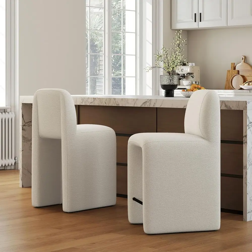 

Set of 2 White Chenille Upholstered Counter Height Bar Stools with Back Support for Kitchen Island or Dining Area