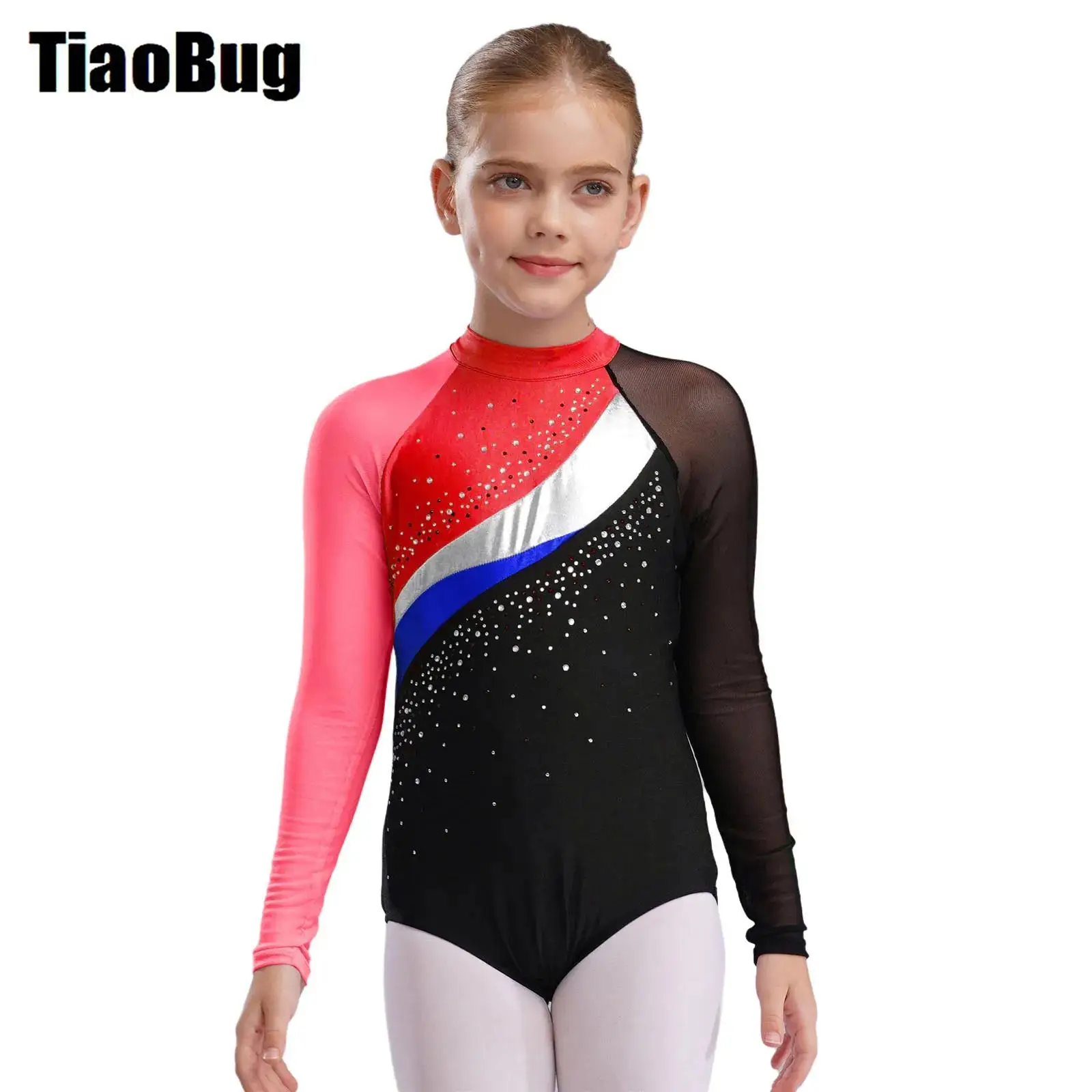 

Kids Girls Ballet Dance Leotard Color Block Sheer Mesh Long Sleeve Shiny Rhinestones Gymnastics Leotard for Performance