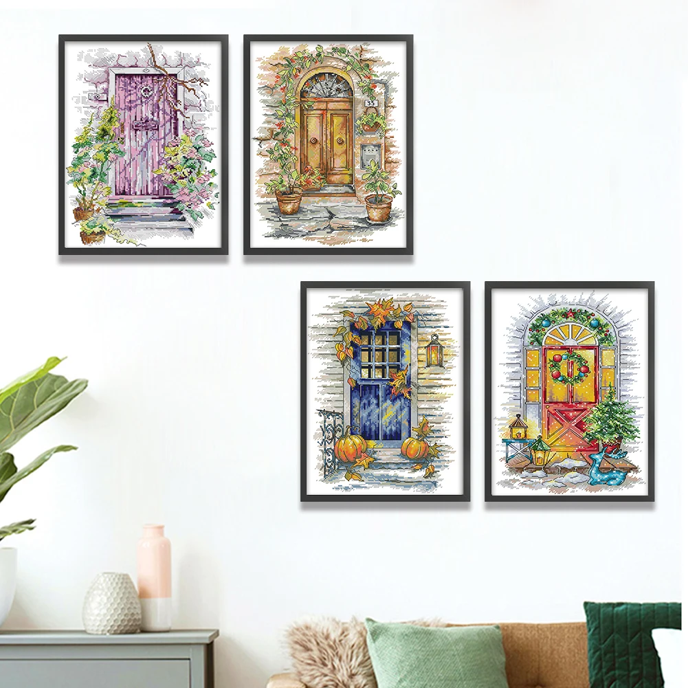 

4pcs Seasons Printed Cross Stitch Kit 27x36cm DIY 14CT Thread Art Needlework