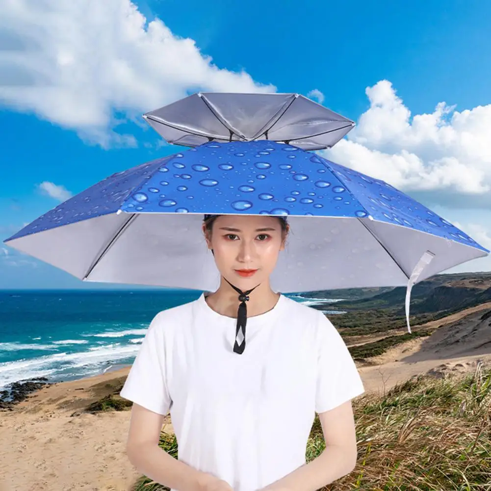 Rain Umbrella Hat Foldable Outdoor Pesca Sunny Rainy Wearing Umbrella Hat Double-Layer UVProtection Camping Fishing Umbrella Cap