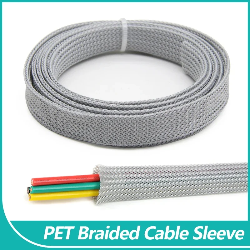 Grey PET Braided Cable Sleeve 2/4/6/8/10/12/14/16/20/25/30~60mm Expandable High Density Insulated Cables Protection Wrap Sheath