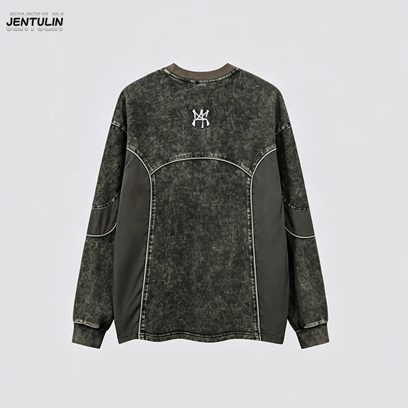 Washed Distressed Color Blocked Patchwork Long Sleeved Letter Embroidered Loose Shoulder Retro High Street Round Neck Sweatshirt
