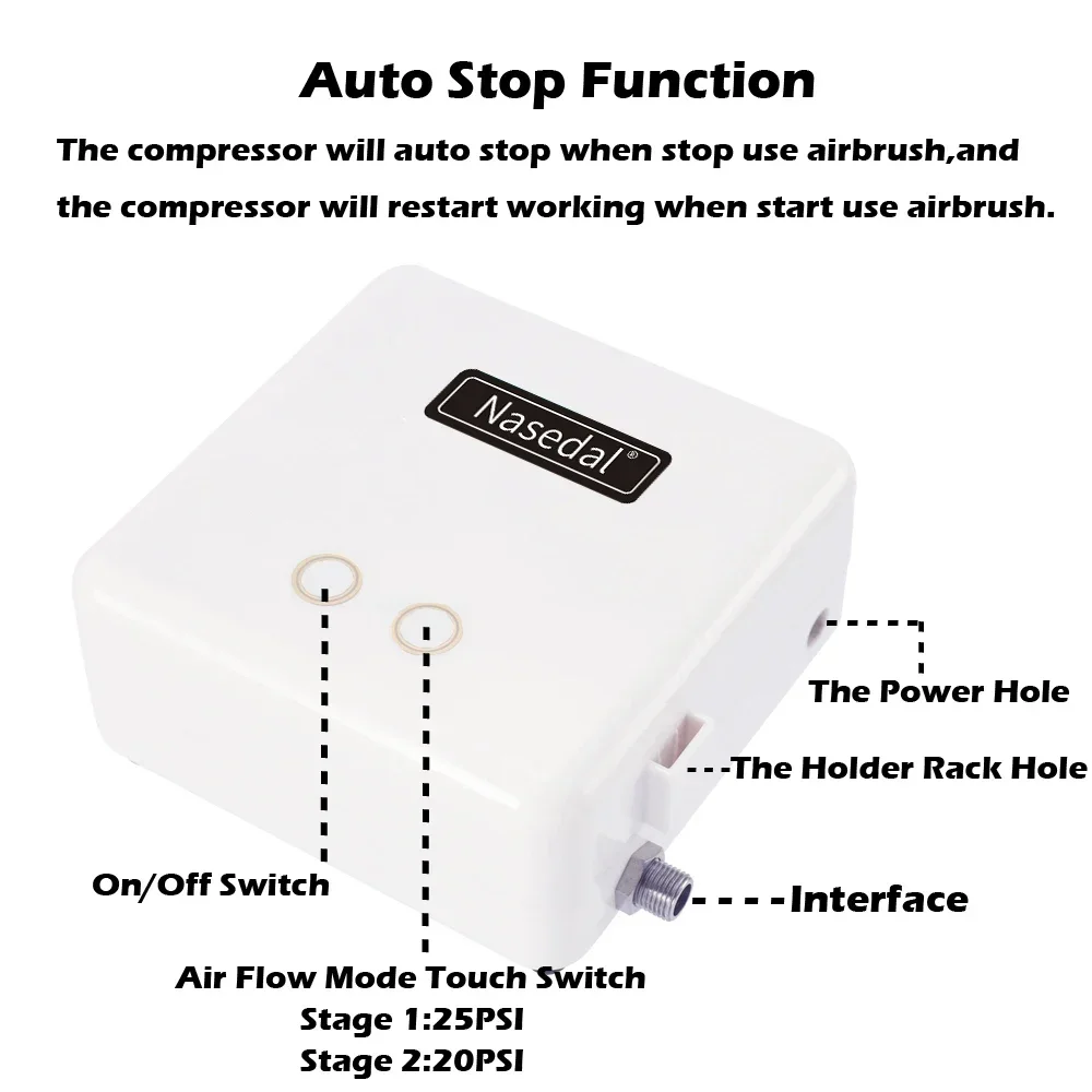 Nasedal Air Compressor Auto-Stop function 36psi with 1.8m Air Hose Nail Art Makeup Tattoo Model Cake Car painting (No Airbrush)