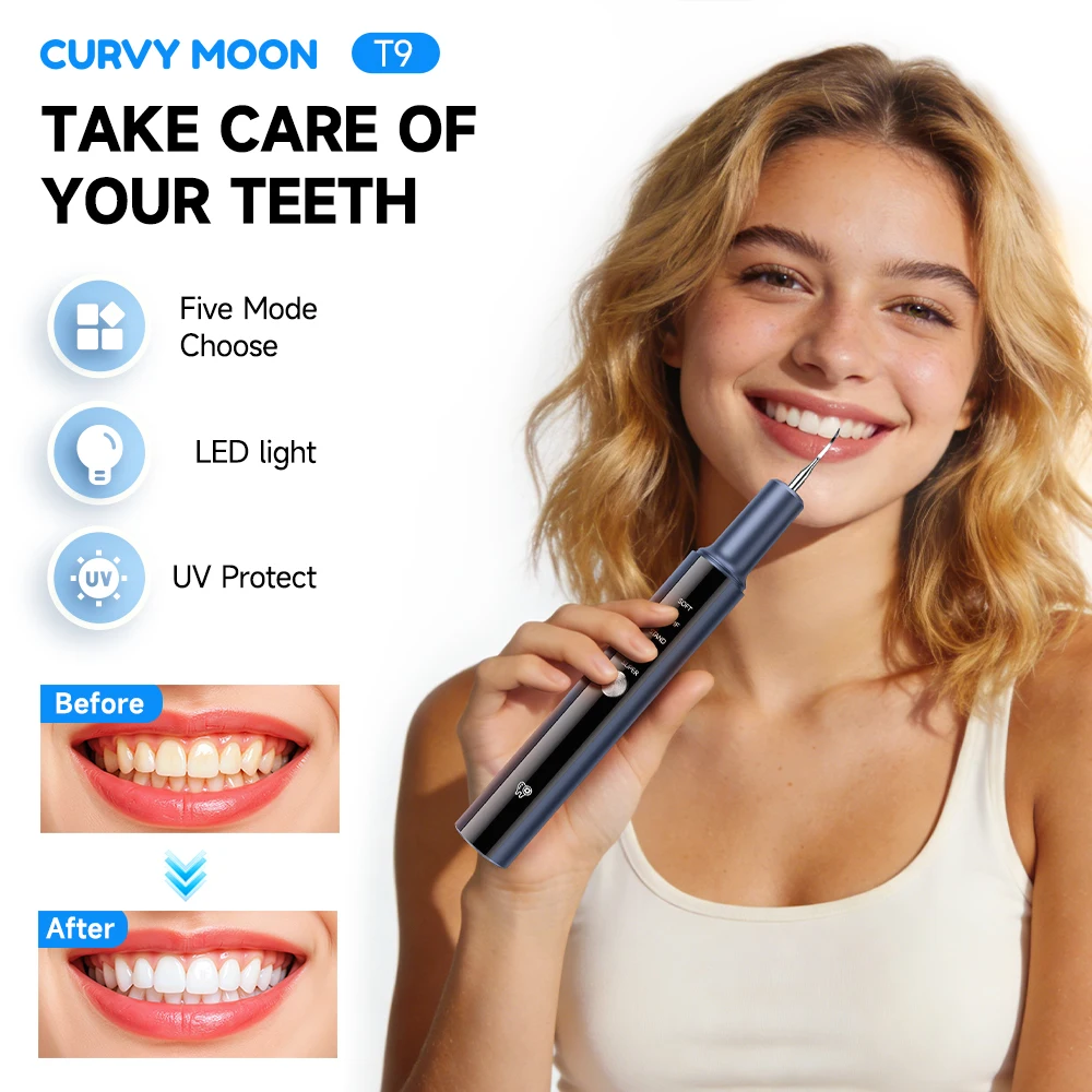 

Портативный ультразвуковой электрический очиститель зубов CURVY MOON T9 для отбеливания и ухода за полостью рта с высокочастотной вибрацией