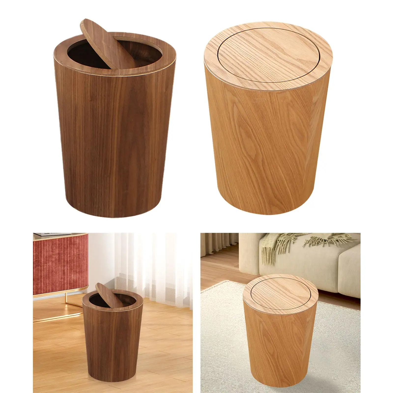 Trash Can with Lid Wooden Dustbin 10L Supplies with Rotating Lid Garbage
