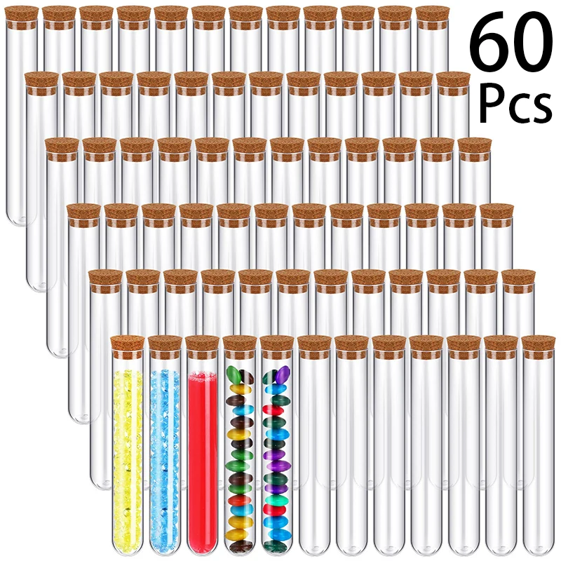 60Pcs Round Bottom Disposable Plastic Test Tube Transparent Acrylic Sealed Hard Plastic Test Tube Bottle With Cord Lid 10ml