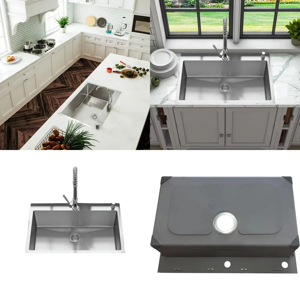 

Кухонная мойка с одной чашей, 33 x 22 x 9 дюймов, из нержавеющей стали 304, толщина 18 калибра, сатинированная отделка