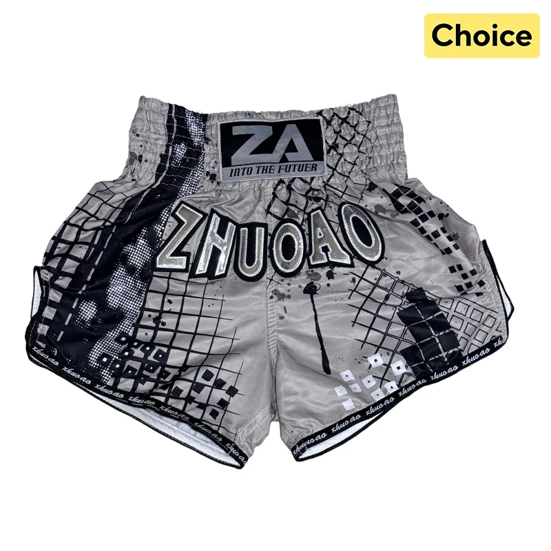 Black Grid Graffiti Muay Thai Fight Shorts Gray Kickboxing Shorts with Embroidery Letter Unisex MMA Martial Arts Boxing Shorts