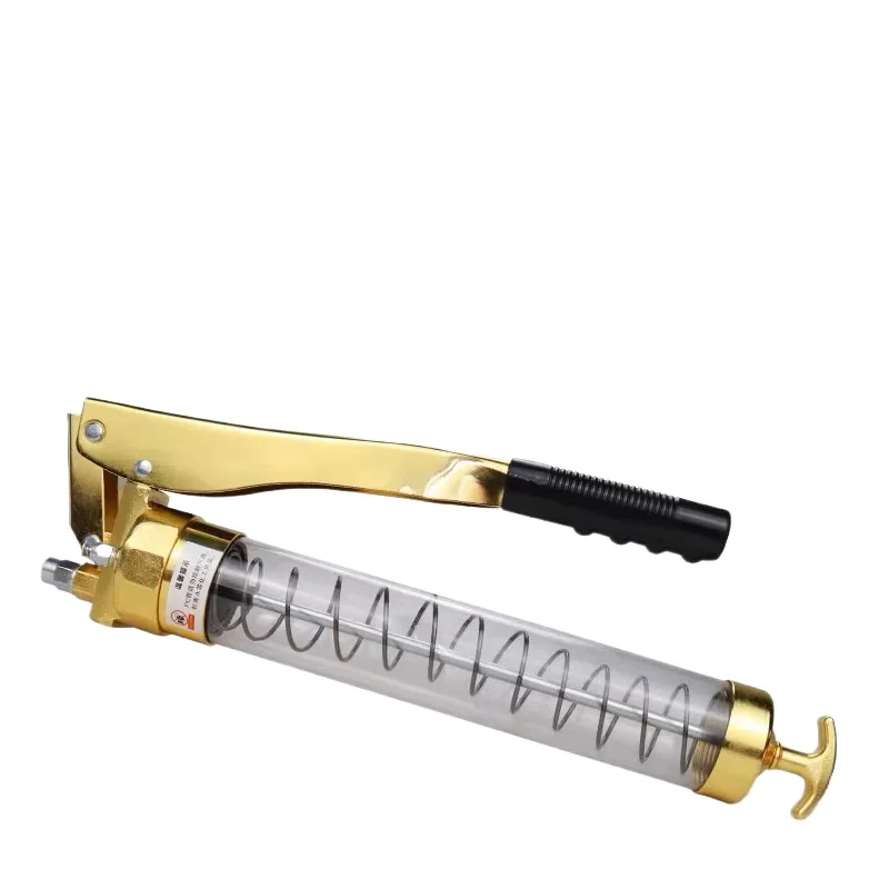 Manual Grease Gun 900CC Double Pressure Rod Gold Paint Transparent Barrel Body Double Piston Is More Labor-saving