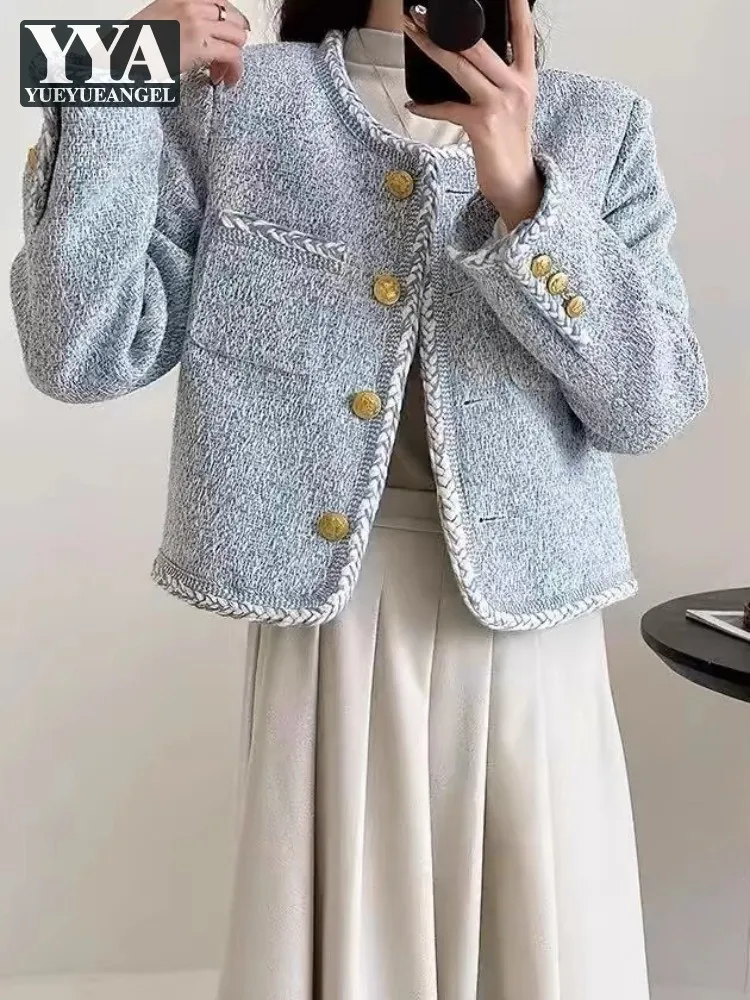 Office Ladies Elegant Fashion Tweed Jacket O-Neck Single Breasted New Casual Winter Thicken Warm Down Coat Women Short Jackets
