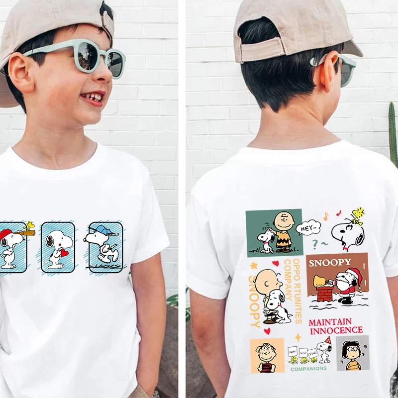 

Snoopy print children's clothing kids cotton T-shirt cartoon short-sleeved white top personality clothing suitable for boys