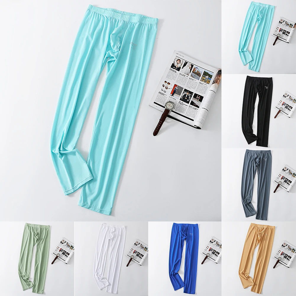 Pantalones largos de seda de hielo para hombre, ropa de dormir, ropa interior ultrafina, mallas, PIJAMAS