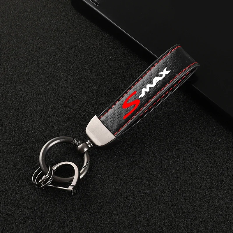 New fashion car carbon fiber leather rope Keychain key ring For Ford SMAX Car Accessories