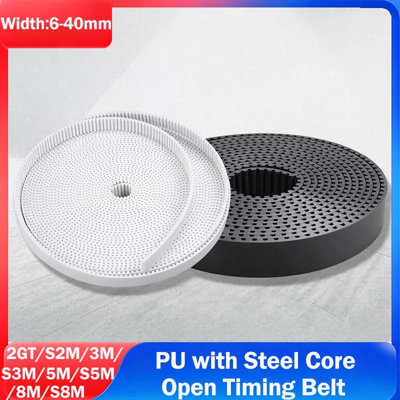 GT2/S2M/3M/S3M/5M/S5M/8M/S8M Black White PU with Steel Core Open Timing Belt Width 10/15/20/25/30/40mm for 3D Printer