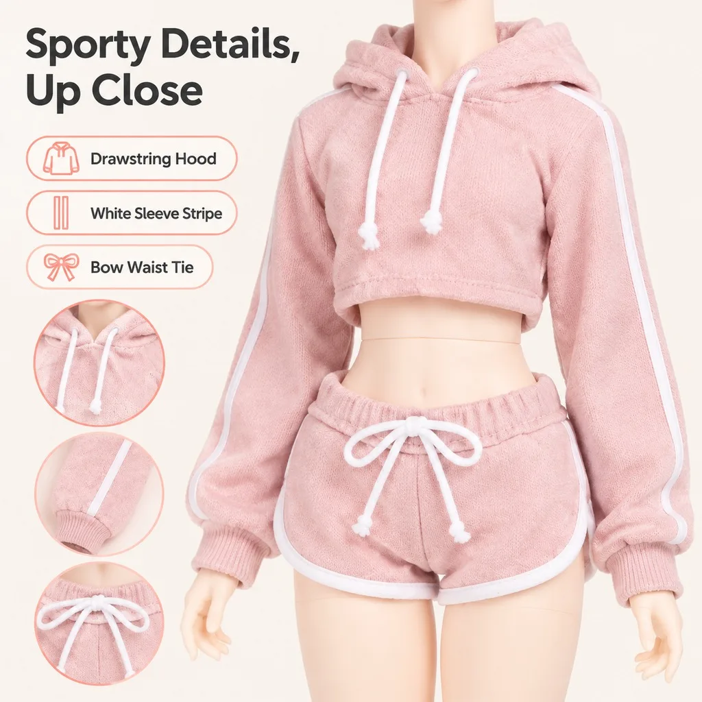 Doll Clothes Hooded Crop Top and Drawstring Shorts Set for OB22 OB24 Azone BJD Dolls 4 Colors Doll Not Included