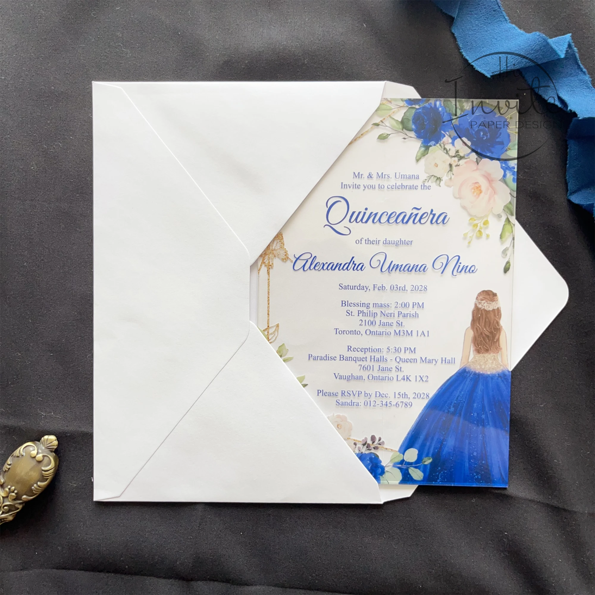 Royal Blue Rose And Gold Geometry Butterfly Quinceañera Invitation, Fancy Sweet 15 Invite, Modern Mis XV Anos Card In Spanish image 6