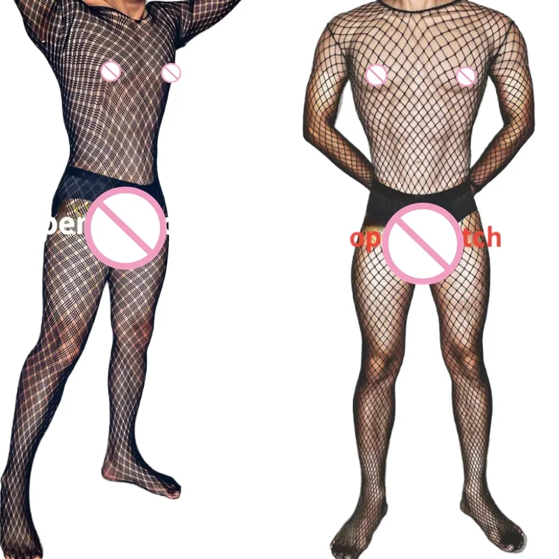 

Plus Size Men's Black Sexy Lingerie Fishnet Body Stockings Male Underwear Exotic Lingerie for Man Open Crotch Transparent Tights