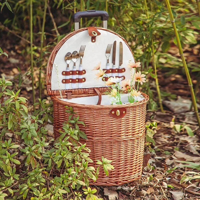 Rattan Weave Picnic Carrier with Wheels Food Storage Caddy Pull Rod Multi-use Outdoor Meal Container Insulated