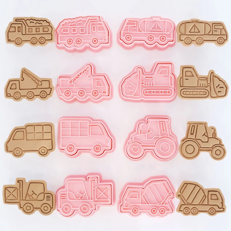 8Pcs/1set Pink Mold Cutting Machine Car Transport Cartoon Pressable Biscuit Mold Candy Biscuit Stamp Baking Party Pastry Tool