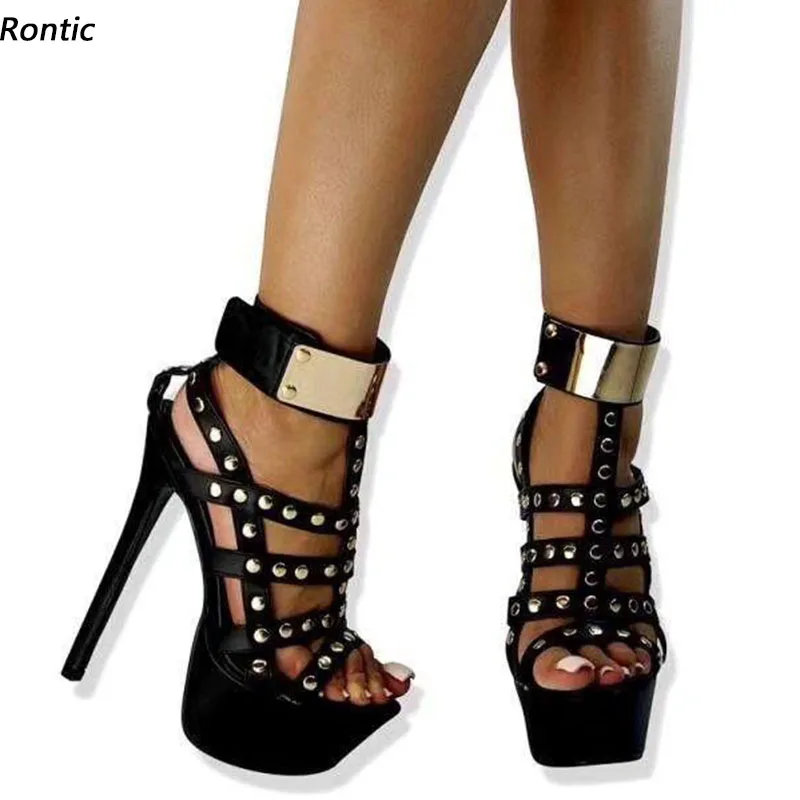 Rontic Women Summer Platform Sandals Studded Sexy Stiletto Heels Round Toe Beautiful Black Night Club Shoes US Plus Size 5-20