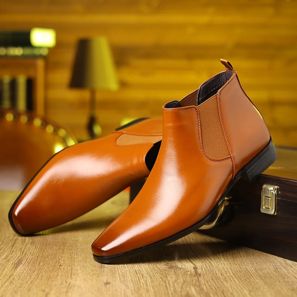 Men's Ankle Boots Spring Autumn Small Square Head Dress Chelsea Boots High Top Leather Shoes Men's Boots High Top Leather Shoes