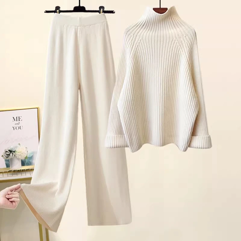 

Women's Autumn Winter Fashion High Neck Lazy Style Sweater Wide Leg Pants Draping Two Piece Set Comfortable Loose Fit Ensemble