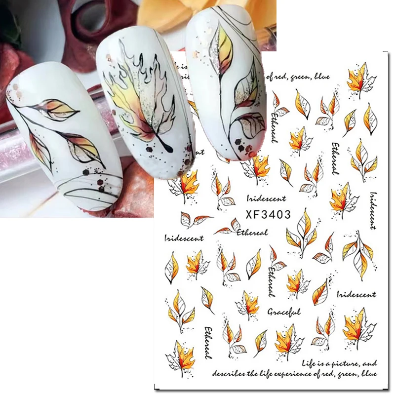 3d Nail Art Decals Autumn Maples Dry Leaves Sunflowers Self-Adhesive Sliders Nail Stickers Decoration For Nail Tips Beauty