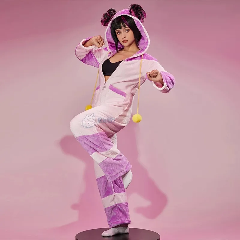 Game Juri Cosplay Costume Women Kawaii Flannel Hooded Jumpsuit Bodysuit Suit Female Cute Plush Pajama Homewear Halloween Costume