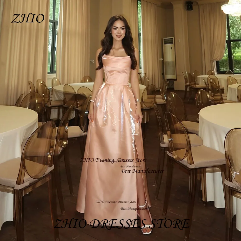 

ZHIO Shiny Satin Side Slit Evening Gowns A Line Strapless Pleats Long Party Dress Sleeveless Floor Length Prom Gown Customized