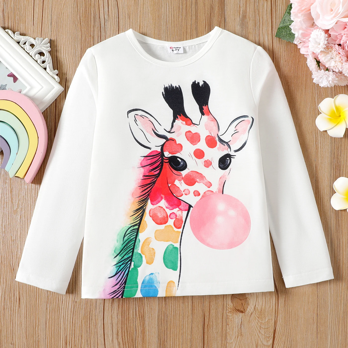 

PatPat Kid Girl Giraffe Print Long-sleeve White Tee