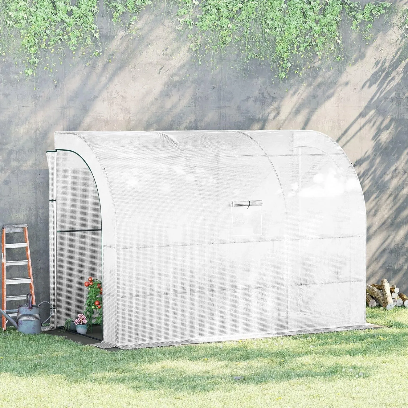 

US 10' x 5' x 7' Lean to Greenhouse, Walk-in Green House, Plant Nursery with 2 Roll-up Doors and Windows, PE Cover and 3 Wire