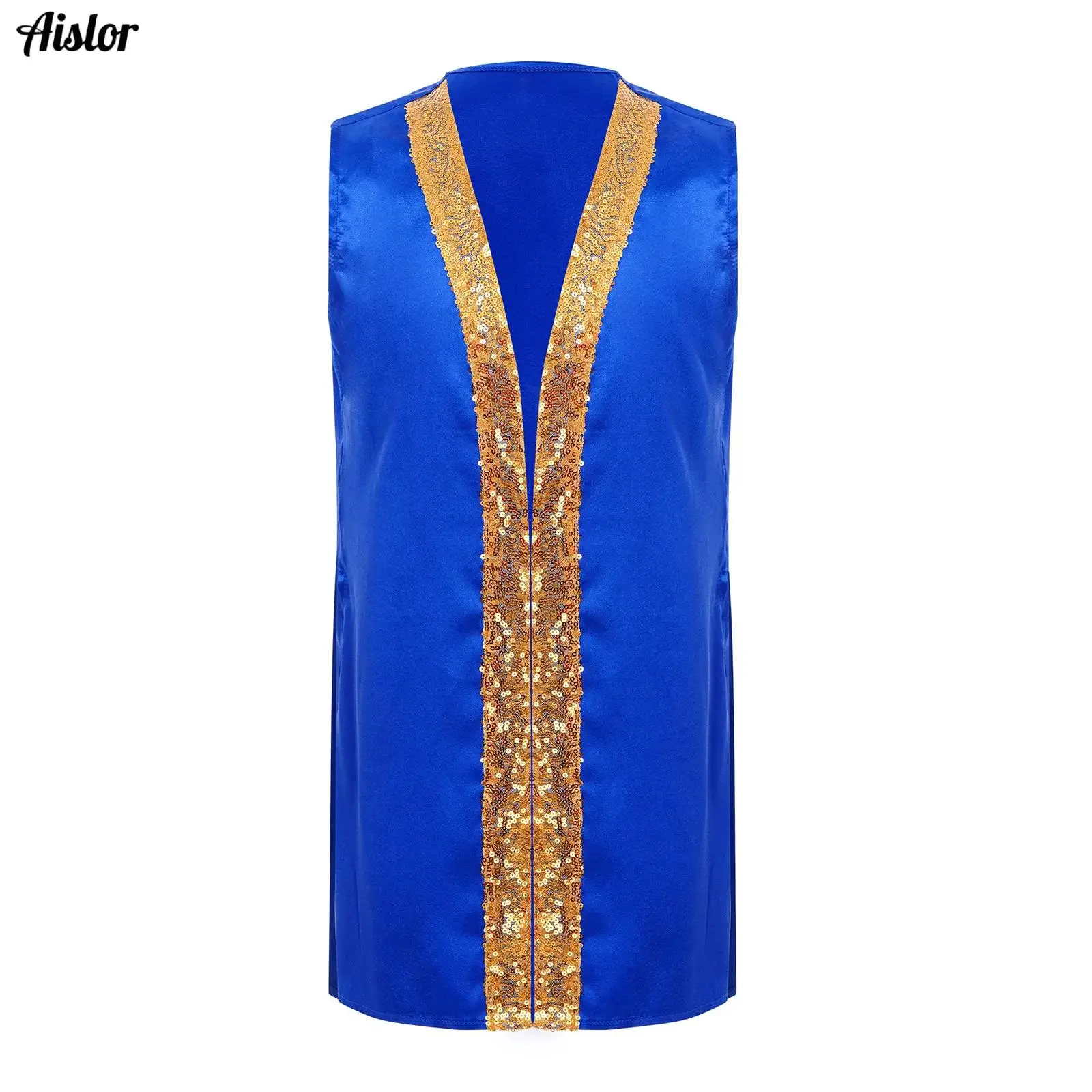 

Boys Girls Praise Dance Top Worship Robe Satin Shiny Sequins Sleeveless Sides Split Vest Halloween Theme Party Cosplay Costume