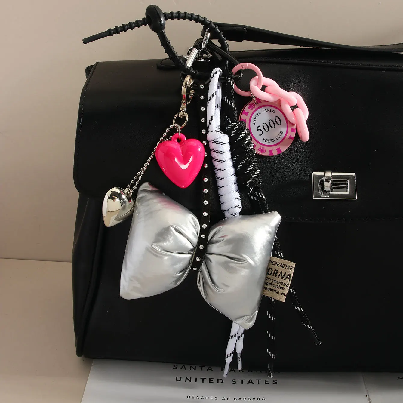 

New hot selling Y2k exquisite personalized dark style leather bow serve cloud mirror love DIY keychain bag pendant accessories f