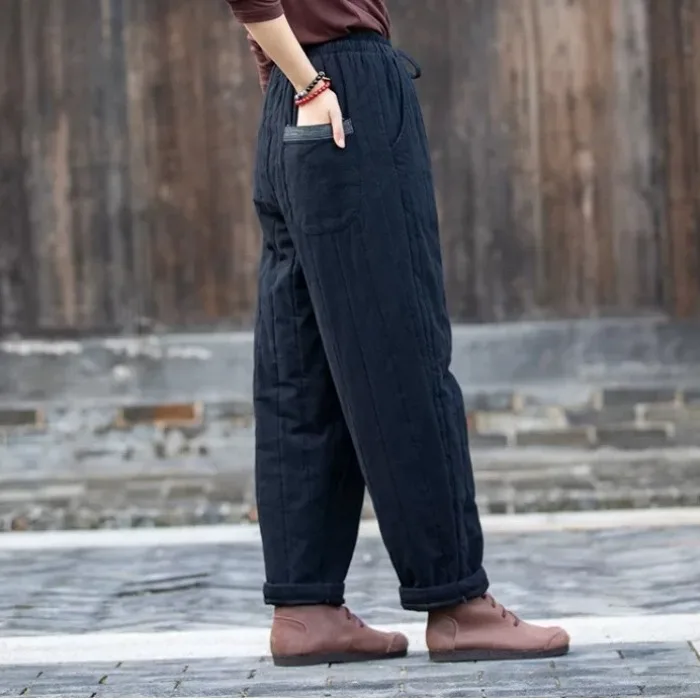 الراقية المرأة سراويل قطنية Thiened الشتاء عادية مستقيم الساق ملابس خارجية دافئة بنطلون طويل ريترو Sle تأثير التخسيس