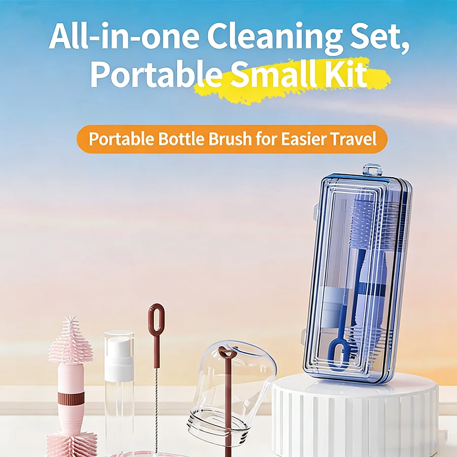 

Silicone Bottle Cleaning Brush Set 360 Degree Rotating with Storage Box Baby Nipple Brush Kit Straw Brush Bottle Rinse