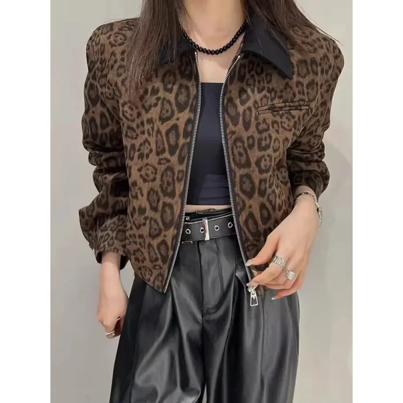 

Retro Streetwear Leopard Jackets Women Long Sleeve Y2K Short Coat American Vintage Casual Female Fall Winter Harajuku Tops
