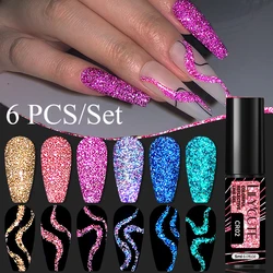 LILYCUTE 6Pcs Reflective Glitter Nail Art Liner Gel Colorful Nail Kit Sparkling Painting Gel Nail Polish Semi Permanent UV Gel