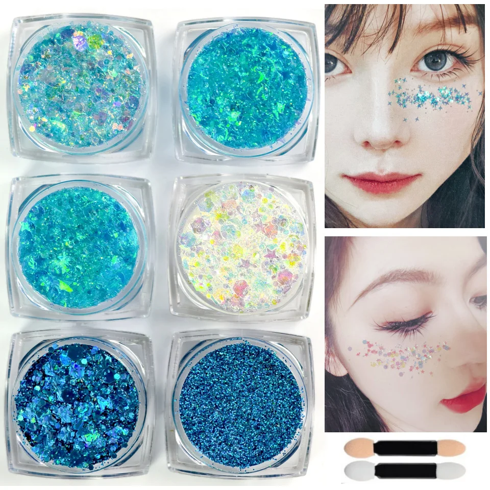 6-color glue-free gel set stage makeup mixed with bright sequins DIY face and body painting decoration pieces,carnival glitter