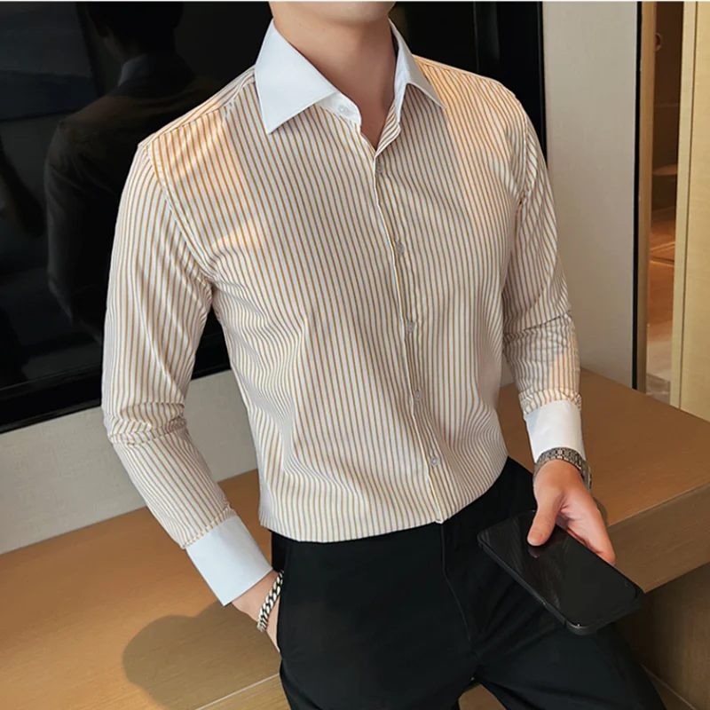 

Autumn High Quality Striped Shirts Mens Long Sleeve Colorblock Big Lapel Collar Slim Casual Shirts Men Social Party Dress Shirt