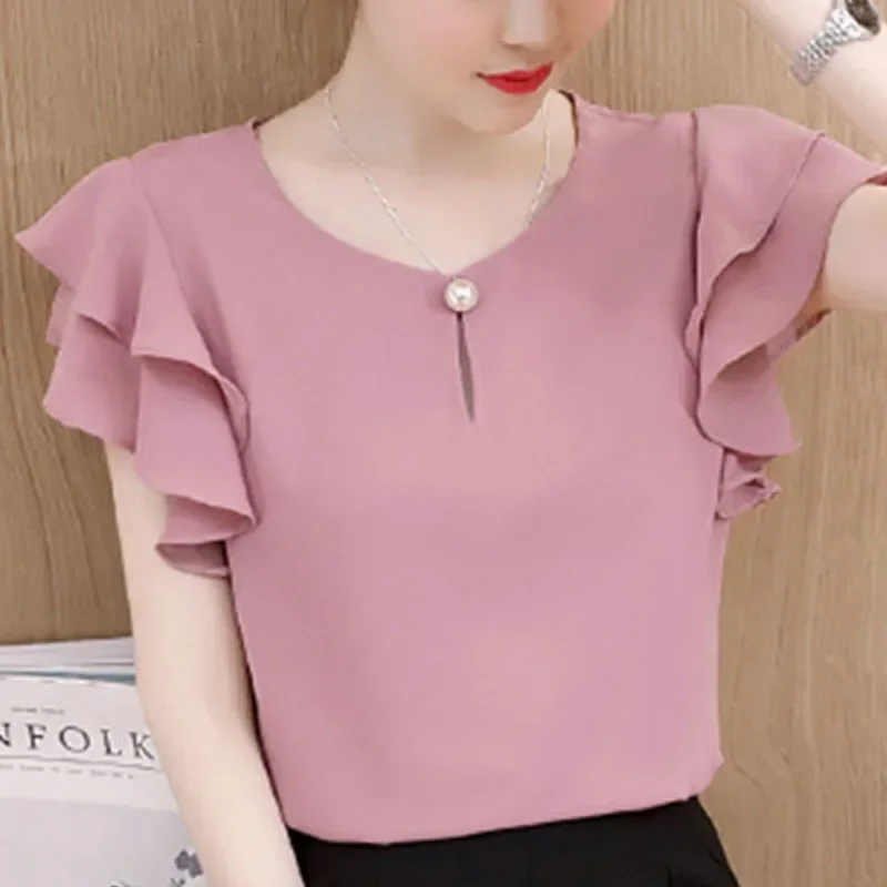 Summer Short Sleeve Blouse Shirt Women Tops Blusas Mujer De Moda 2024 Blouse Women O-Neck Chiffon Blouse Tops Women Shirts