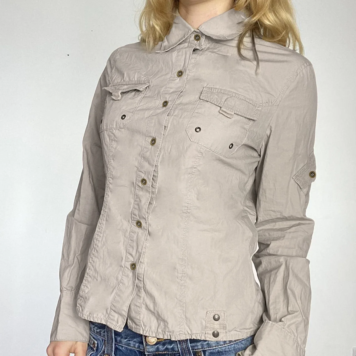 Outono novo produto bolso emenda fivela lapela camisa workwear estilo picante menina cintura cinched manga comprida cardigan feminino