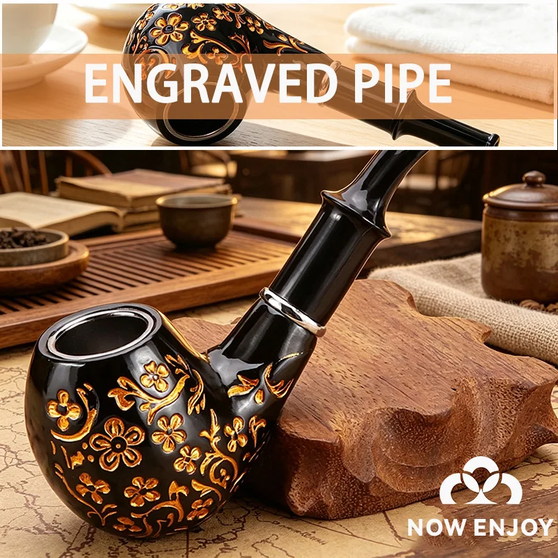 NOW ENJOY New Classic Black-gold Classic Engraved Resin Tobacco Pipe  Bent Hand  Gift For Father/Men Cigarette Accessories