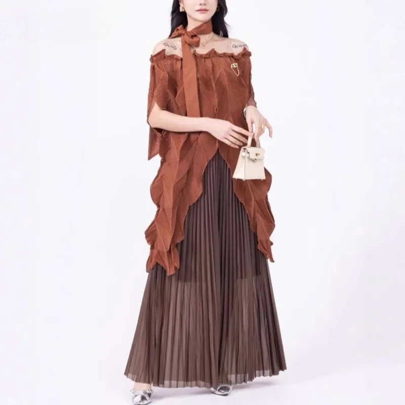 

Miyake Pleated Women's Suit 2025 Summer New Fashion Casual Versatile Irregular Short Sleeve Top Loose Wide-leg Pants 2-Piece Set