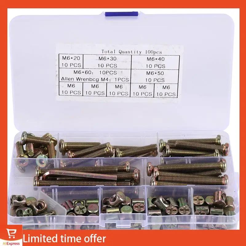 

Набор болтов для свежей детской кровати, болты с шестигранной головкой, набор болтов с цилиндрическими гайками, для стульев для кроватки, M6 100 шт.