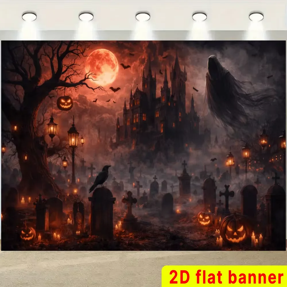 2D Flat HalloweenThemed Banner Background Fabric Dark Castle Theme Featuring The Red Moon Withered Trees Pumpkin Lanterns Tombst
