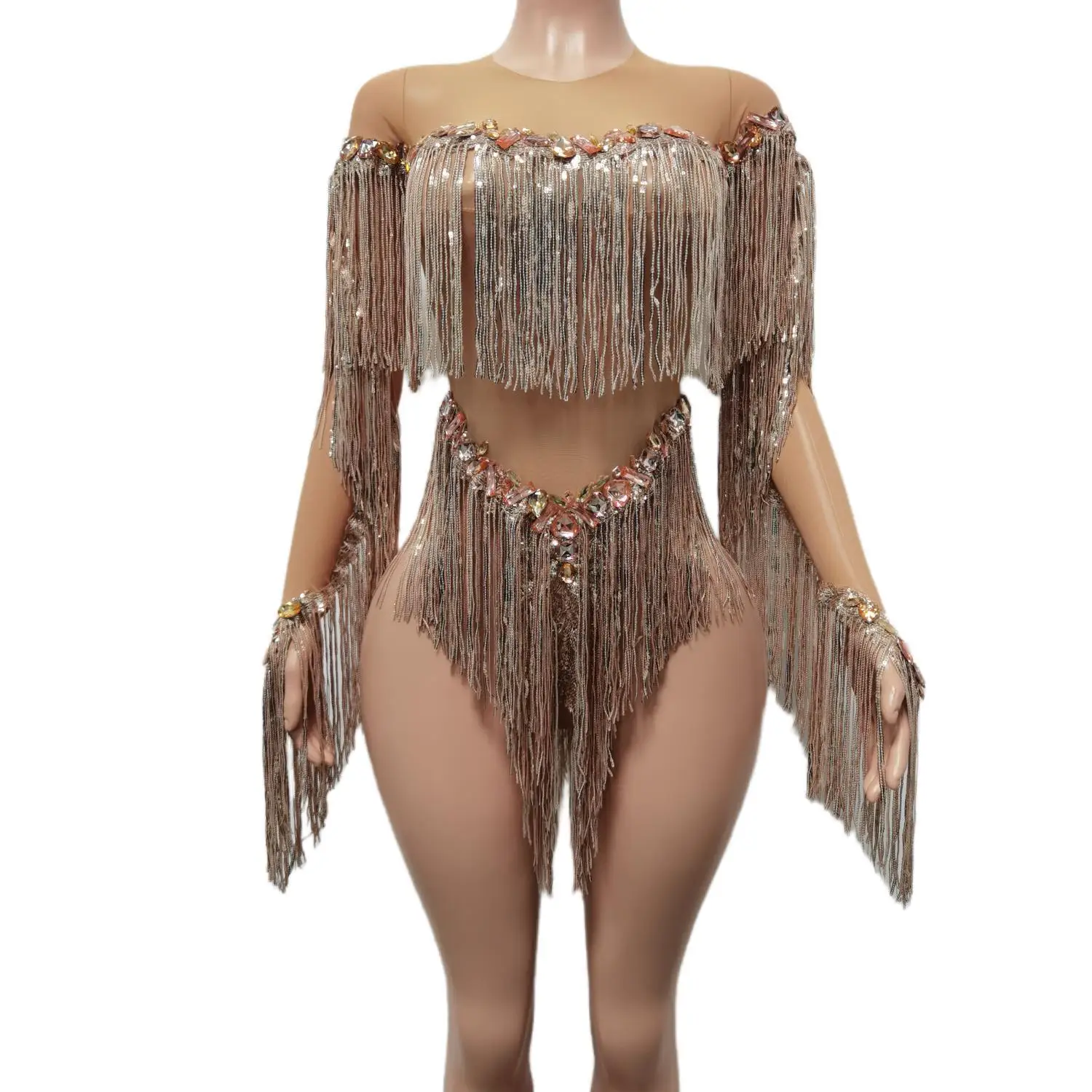 Sexy Mesh Dance Performance Costume Sparkly Rhinestones Sequins Tassel Leotard Nightclub Bodysuit Show Stage Wear Weixiao