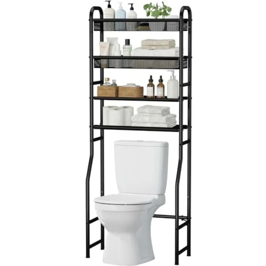

4-Tier Over The Toilet Storage Shelf and Rack Above Toilet Organizer with Metal Frame and Vinyl Mesh, Space-Saving Unit for Bat