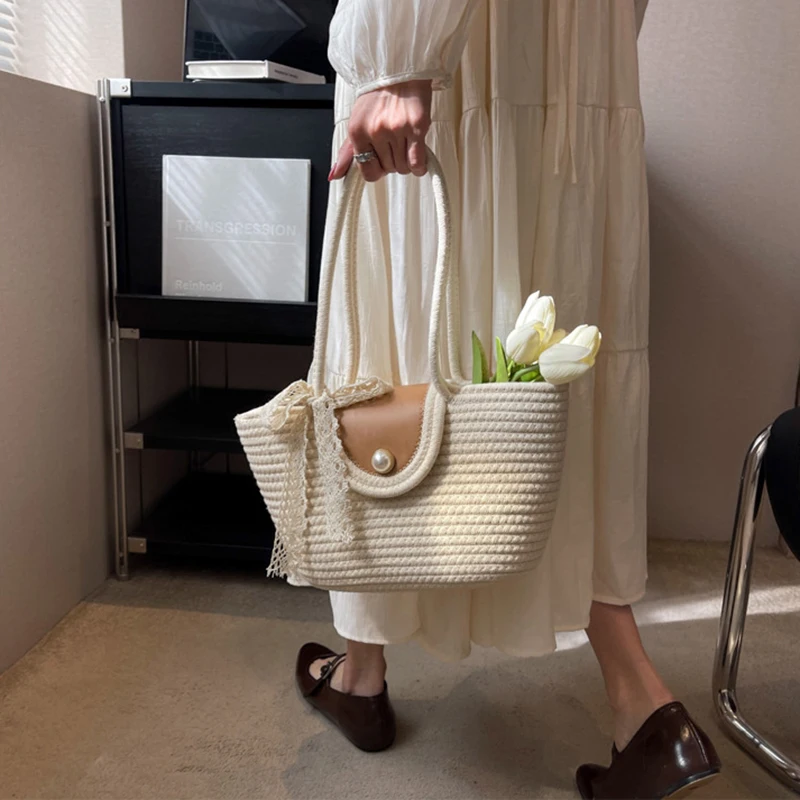 Damen gewebte Umhängetasche neue große Kapazität Einkaufstasche lässig gestrickt Strand Urlaub Handtaschen Öko wieder verwendbare Shopper Perle Dekoration