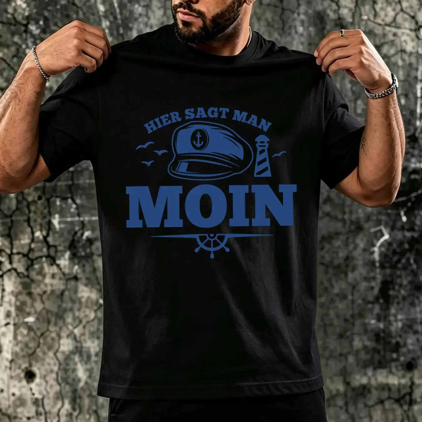 washed T Shirt Here you say MOIN lighthouse maritime nautical Baltic Sea Hamburg sylt vintage Washed Versatile Stylish
